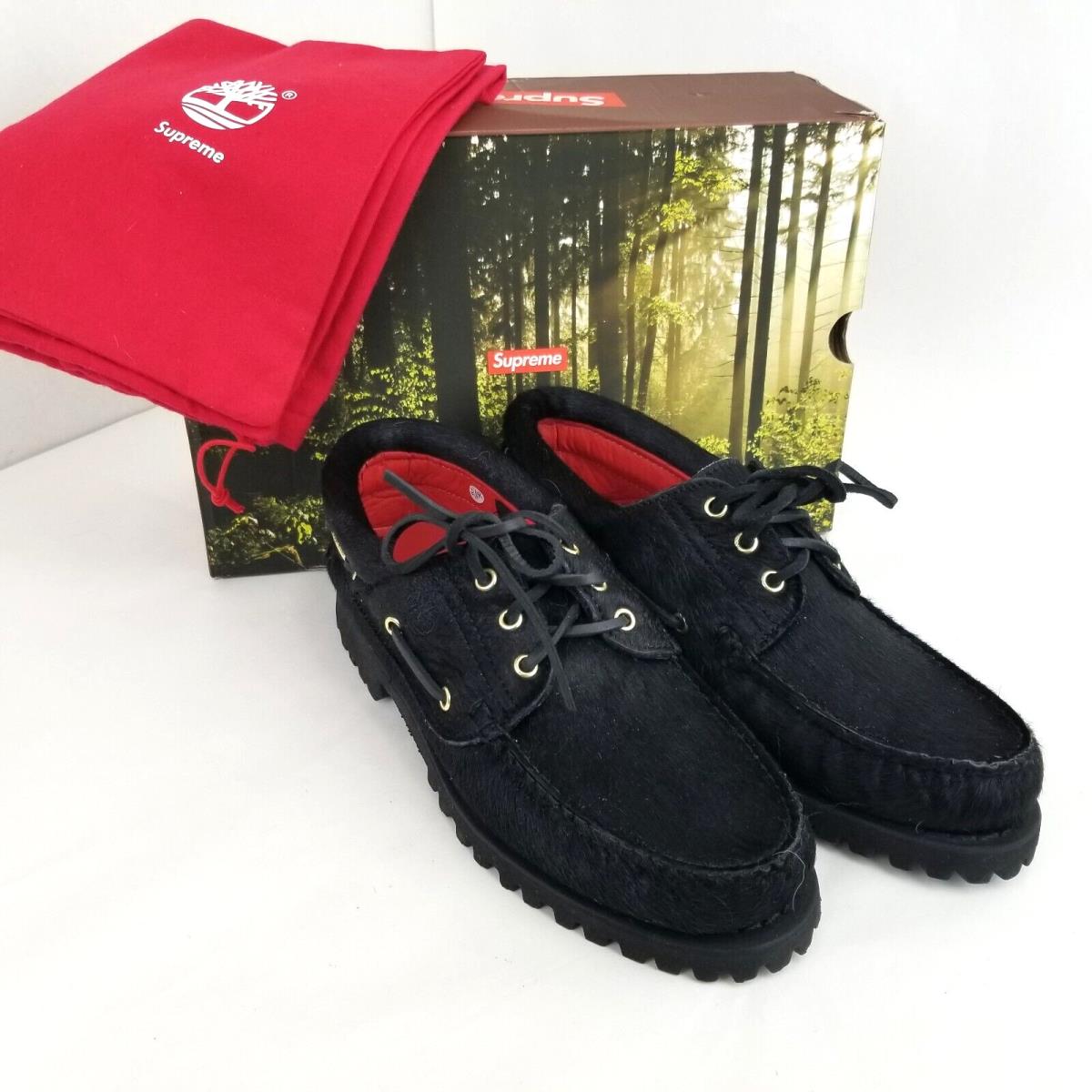 Timberland x Supreme 3 Eye Lug Boat Shoes Men`s 9 Handsewn Black Leather Fuzzy