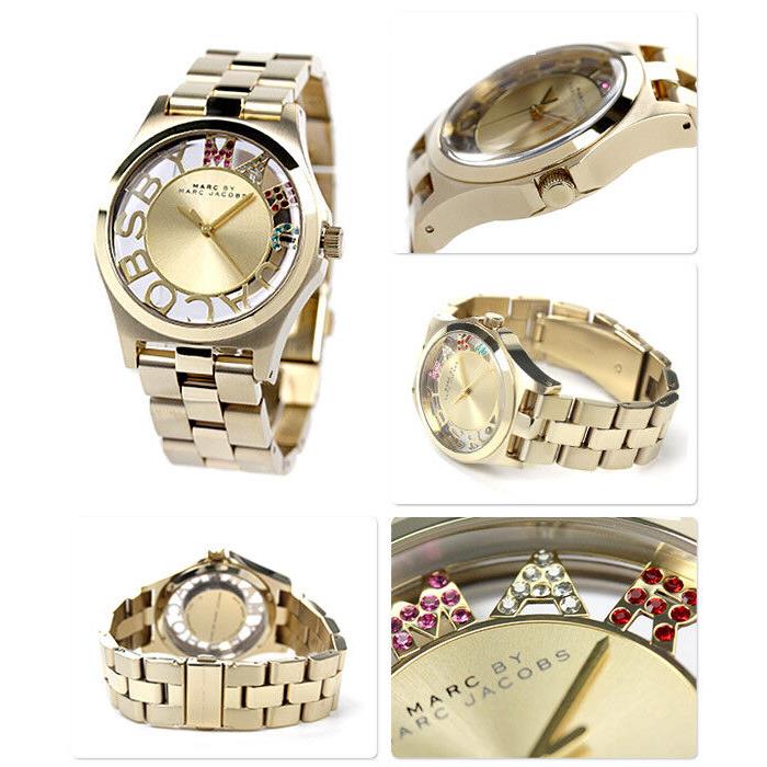 Marc Jacobs Henry Gold Pink Red Green Glitz Dial Bracelet Watch MBM3263