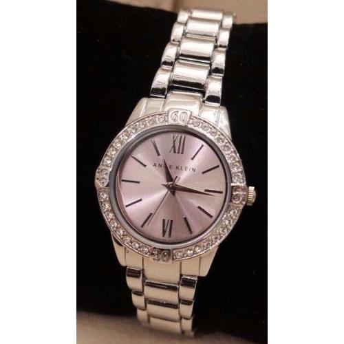 WT Box Women`s Anne Klein Silver Pink Face Wrist Watch Rhinestones Crystals