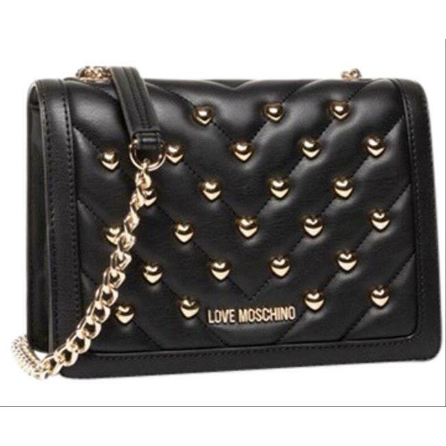 Love Moschino Heart Studs Flap Chain Links Satchel Shoulder Bag Black