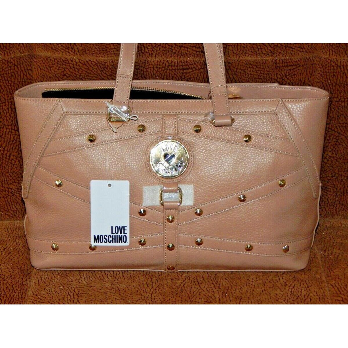 Love Moschino Pebbled Leather Top Zipper Large Satchel Shoulder Bag Taupe