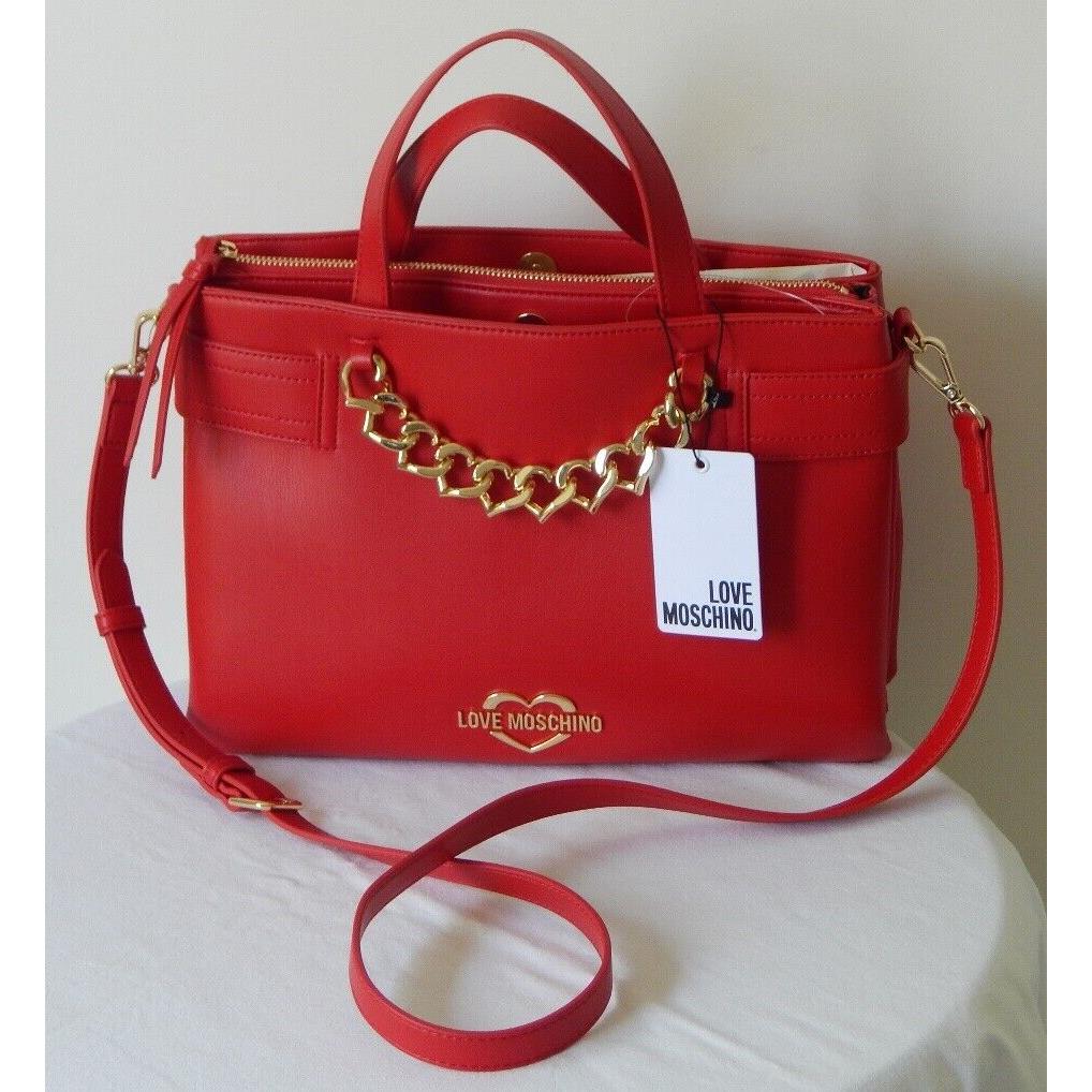 Love Moschino Borsa Red Heart Chain Three Compartment Satchel Shoulder Bag