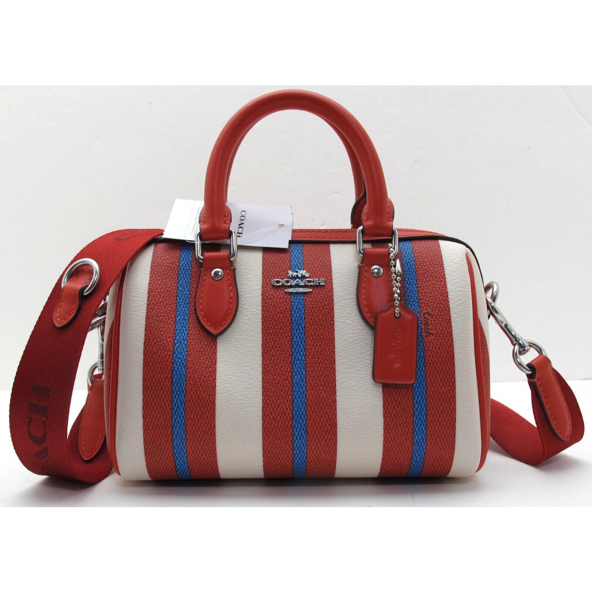 Coach Mini Rowan Coated Canvas/leather Satchel Crossbody Sv/red Stripe CT805