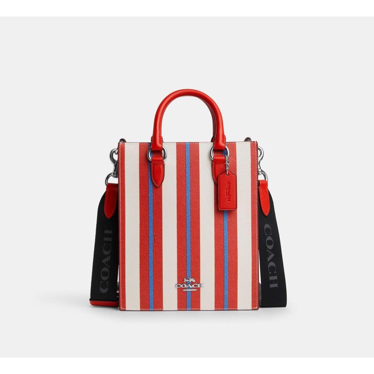 Coach Dylan Tote Bag with Stripe Print Silver/miami Red Multi