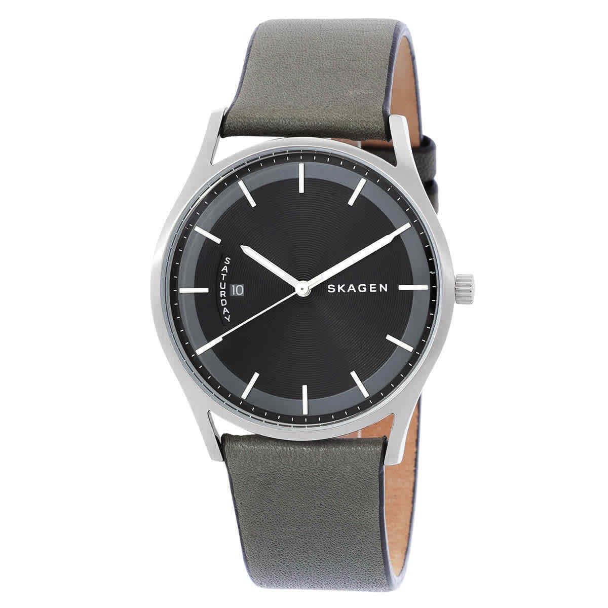 Skagen Holst Black Dial Men`s Olive Green Leather Watch SKW6394