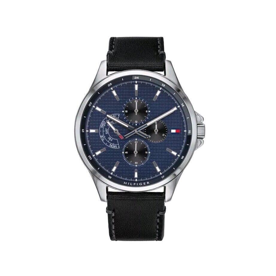 Tommy Hilfiger Watch Black Leather Blue Dial Gunmetal S. Steel Case 1791616