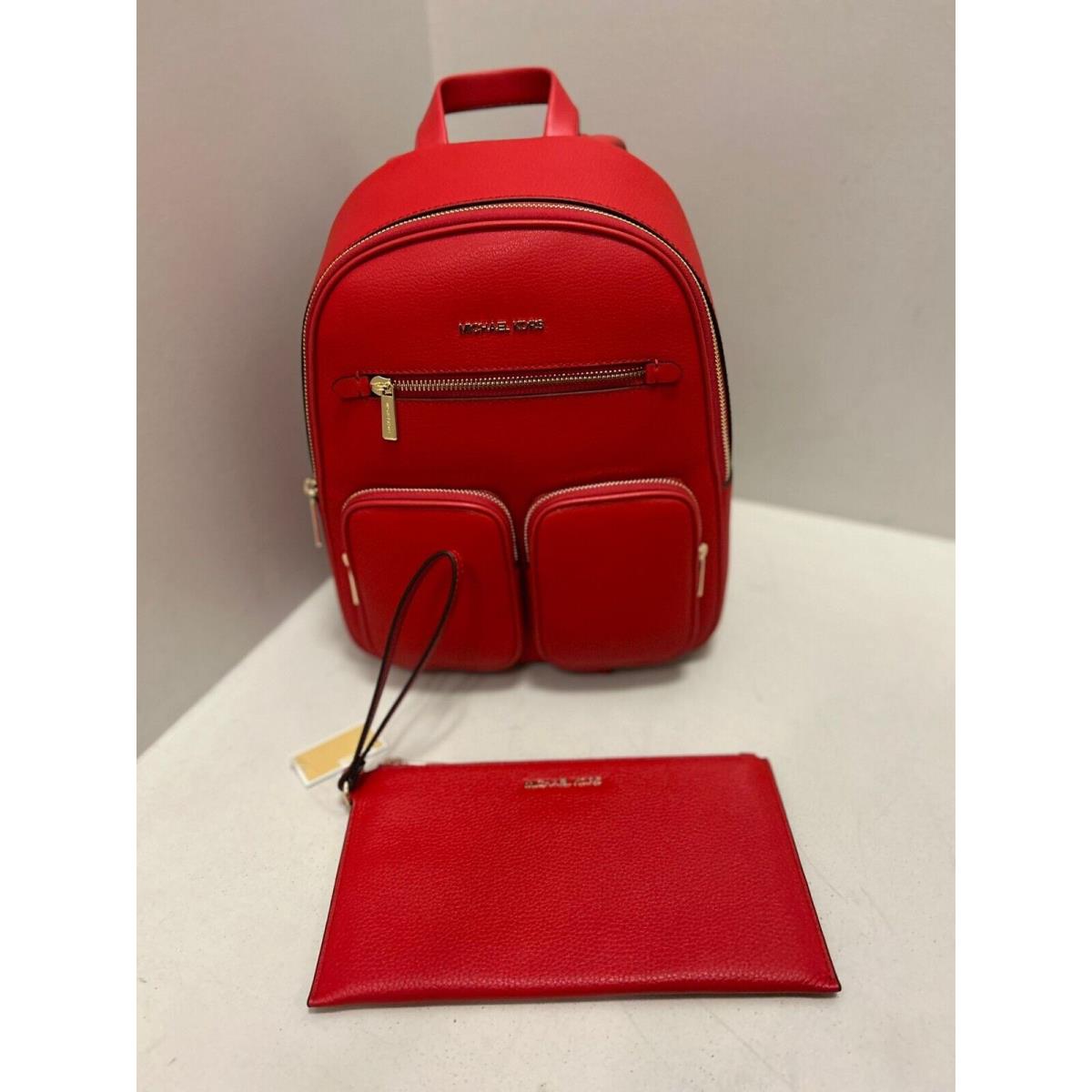 Michael Kors Women Medium Leather Zip Pocket Function Travel Shoulder Backpack BRIGHT RED