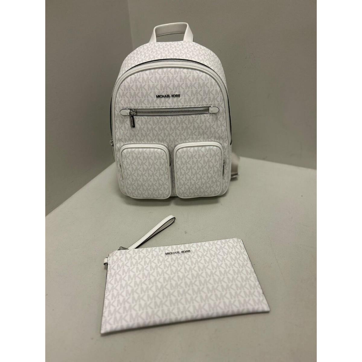 Michael Kors Women Medium Leather Zip Pocket Function Travel Shoulder Backpack OPTIC WHITE