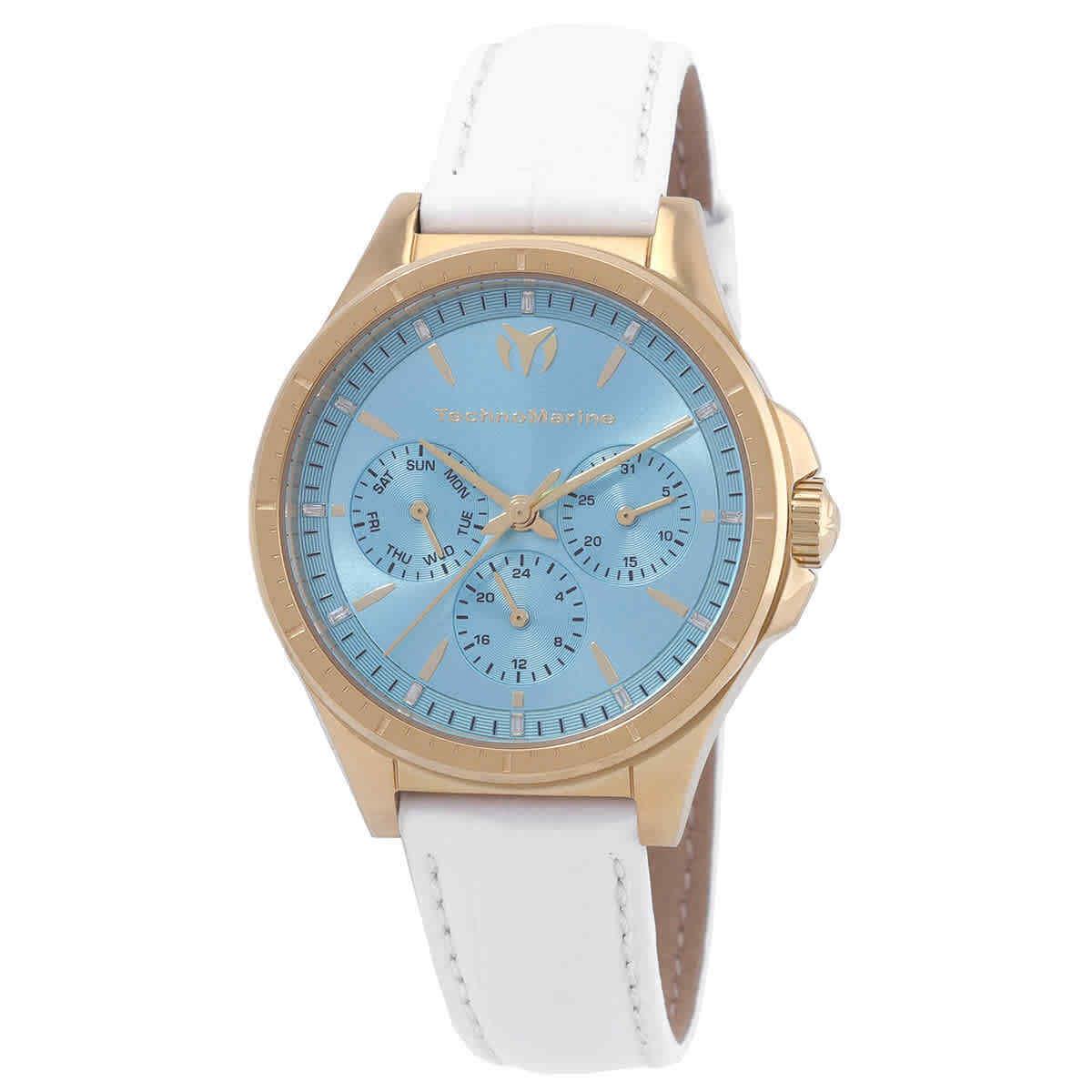 Technomarine Moonsun Quartz Light Blue Dial Unisex Watch TM-822061 - Dial: Light Blue, Band: White, Bezel: Gold-tone