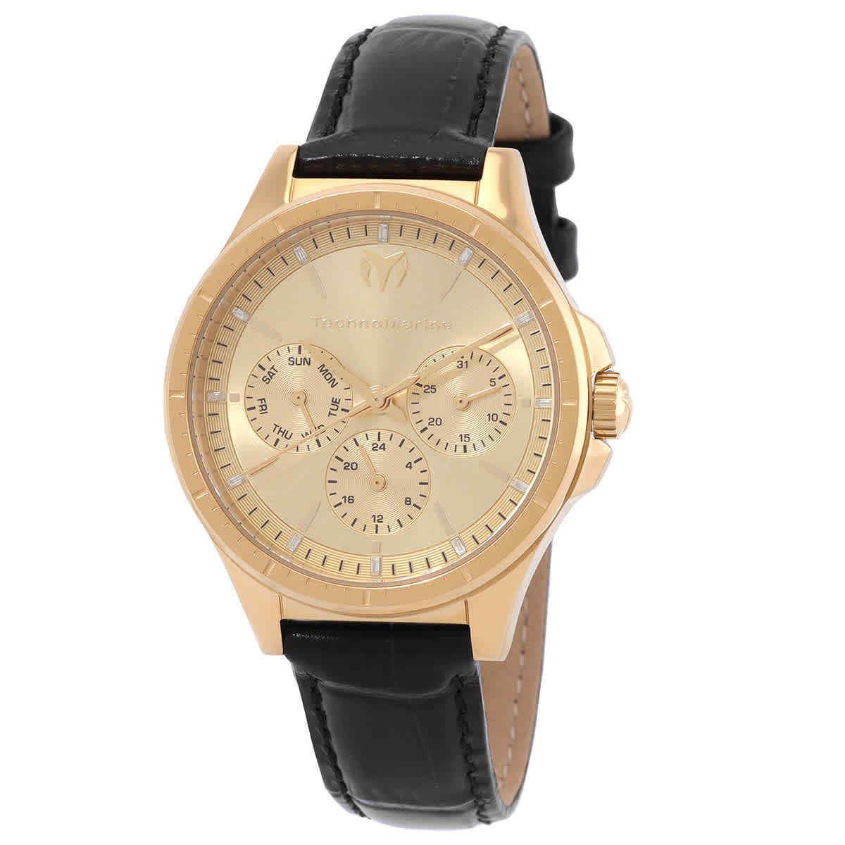 Technomarine Moonsun Quartz Gold Dial Unisex Watch TM-822060 - Dial: Gold-tone, Band: Black, Bezel: Gold-tone