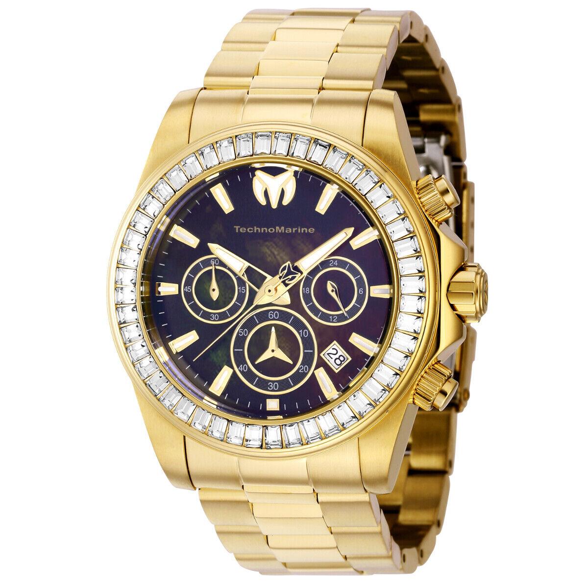 Technomarine Manta Ray Lux Men`s 42mm Mop Dial Gold Chronograph Watch TM-222037 - Dial: Black, Gold, Multicolor, White, Band: Gold, Yellow, Bezel: Gold, White, Yellow