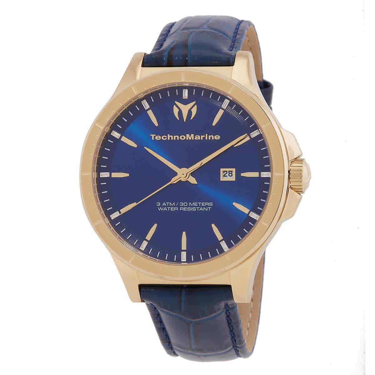 Technomarine Moonsun Date Quartz Blue Dial Men`s Watch TM-822015 - Dial: Blue, Band: Blue, Bezel: Gold-tone