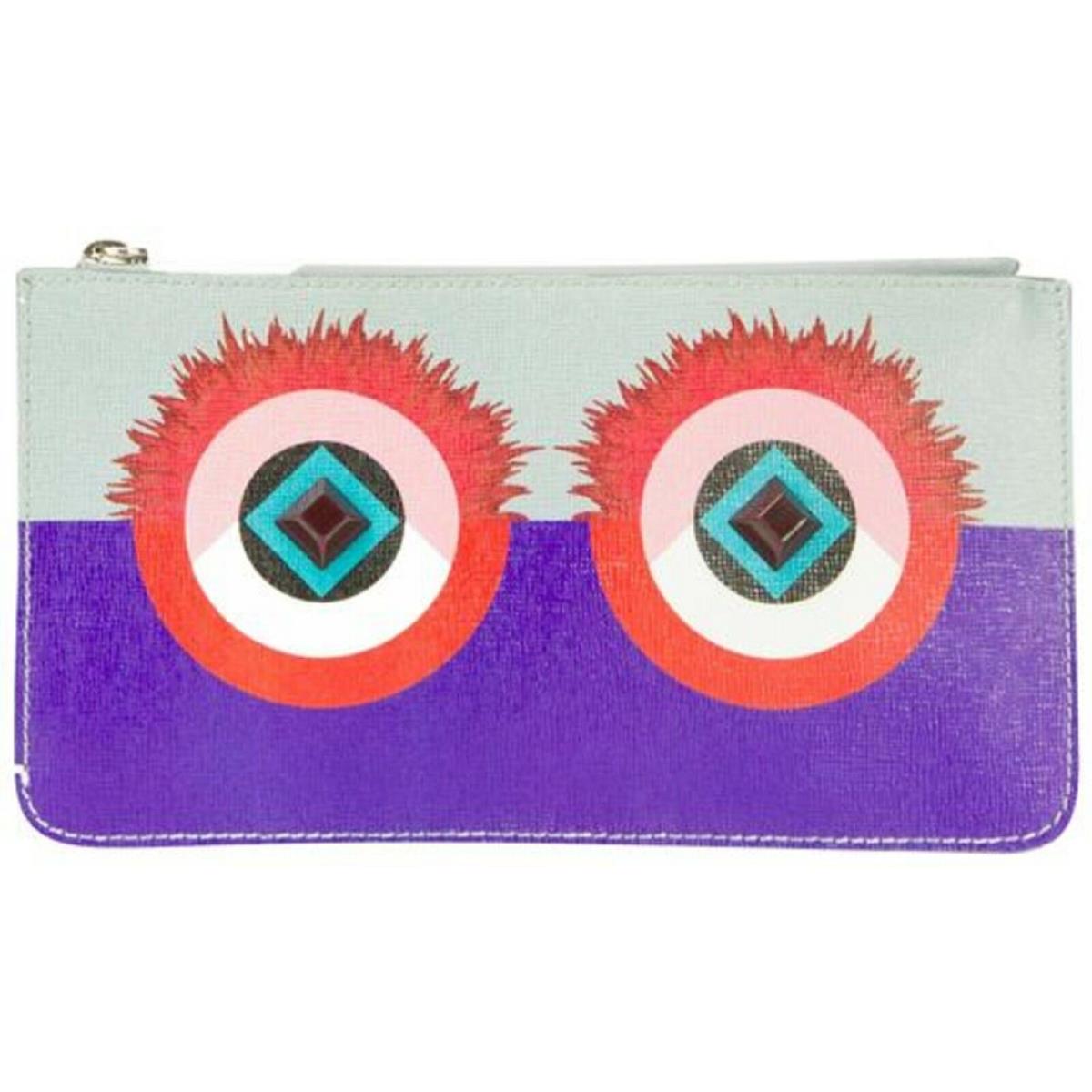 Fendi Monster Zip Pouch Clutch Cosmetic Bag Travel Purple Blue Leather