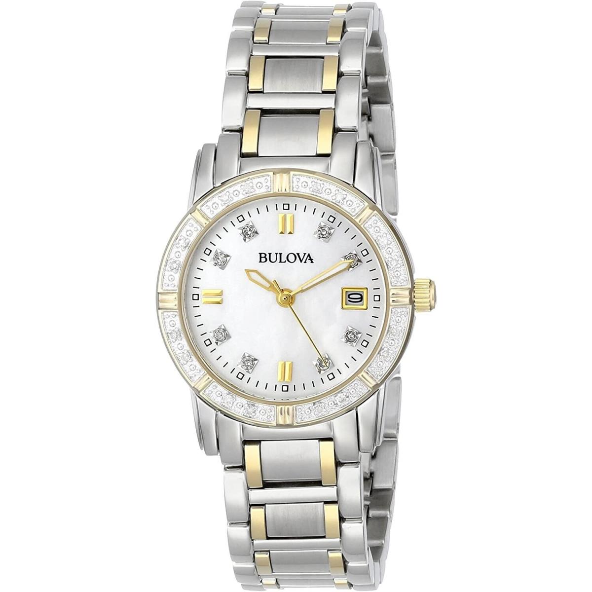 Bulova Women`s 98R107 Diamond Accented Calendar Watch - Dial: Silver, Band: Silver, Bezel: Gold