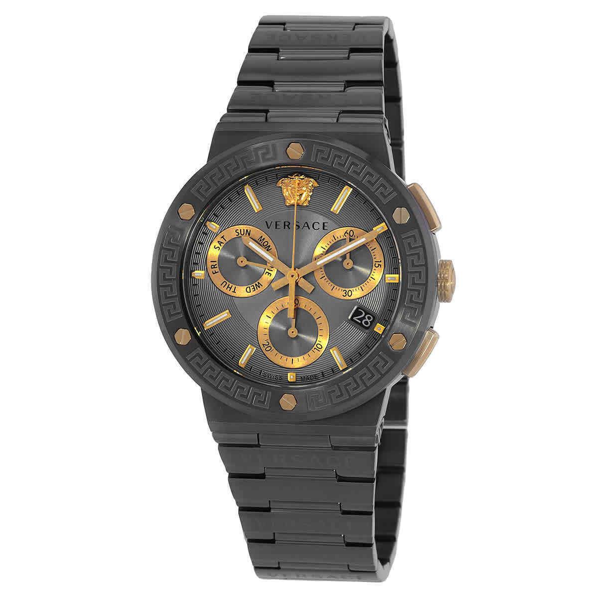 Versace Greca Logo Chronograph Quartz Grey Dial Men`s Watch VEZ900521 - Dial: Grey, Band: Gunmetal IP, Bezel: Gunmetal IP