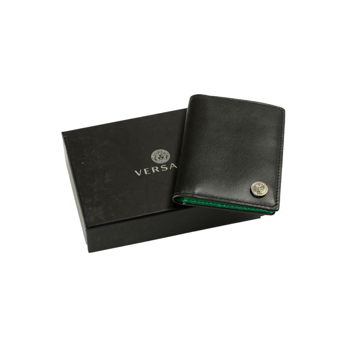 Versace Black Green Medusa Head Leather Card Case Holder Wallet