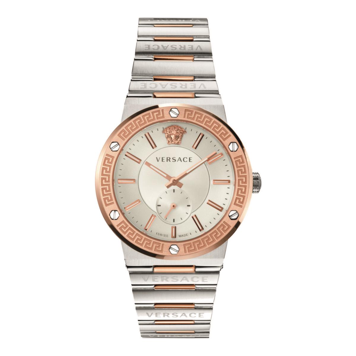 Versace Womens Greca Logo Two Tone 41mm Bracelet Fashion Watch - Dial: Silver, Band: Silver, Bezel: Rose Gold