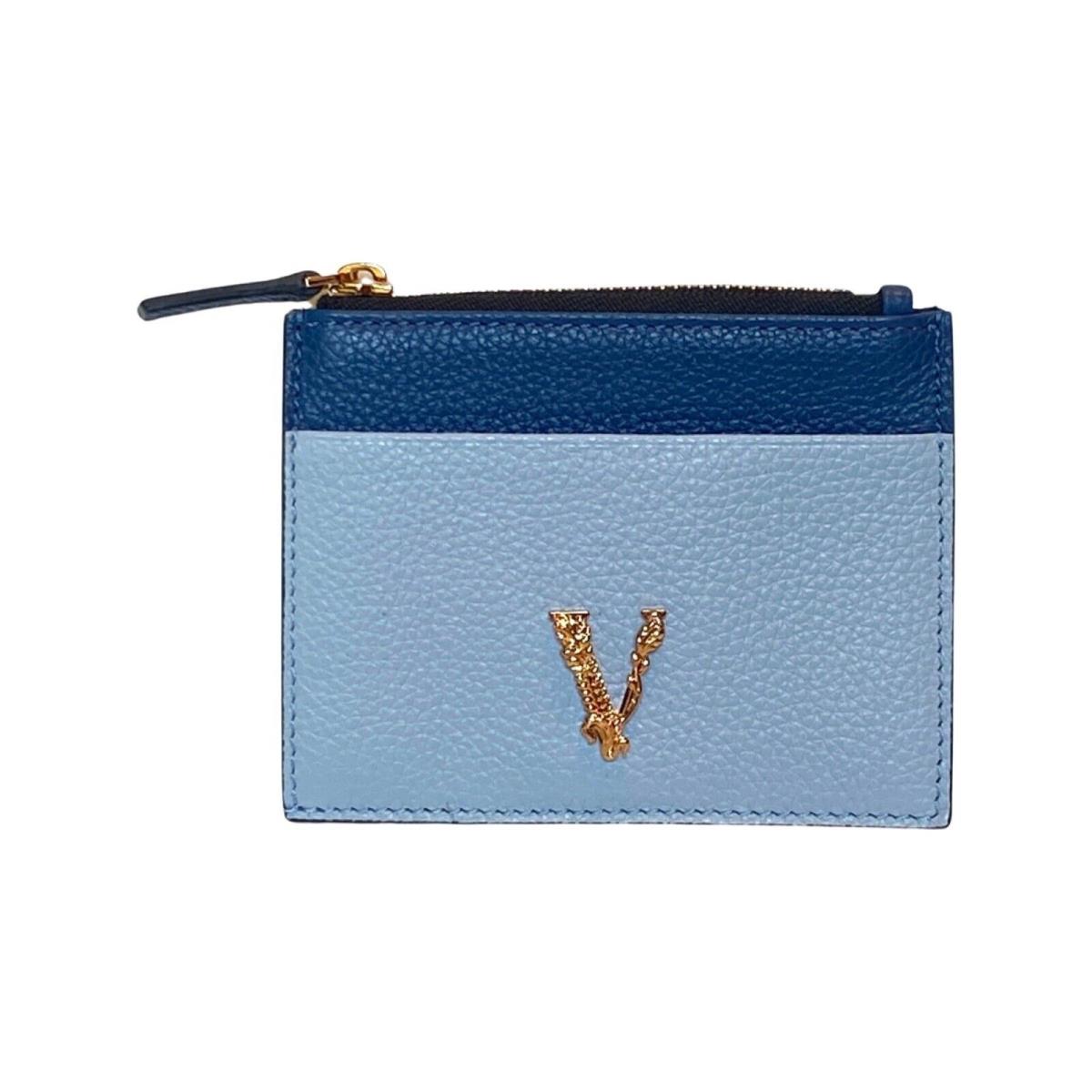 Versace Virtus Logo Cardholder Card Case Wallet Light Blue Navy Leather