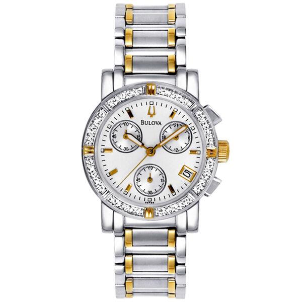 Bulova 2 Tone Silver+gold Diamonds Chronograph Bracelet S/steel Watch 98R98