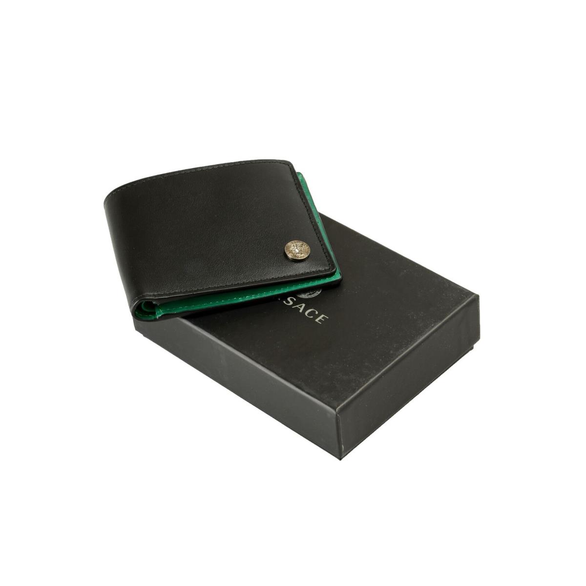 Versace Black Green Medusa Head Leather Bifold Wallet