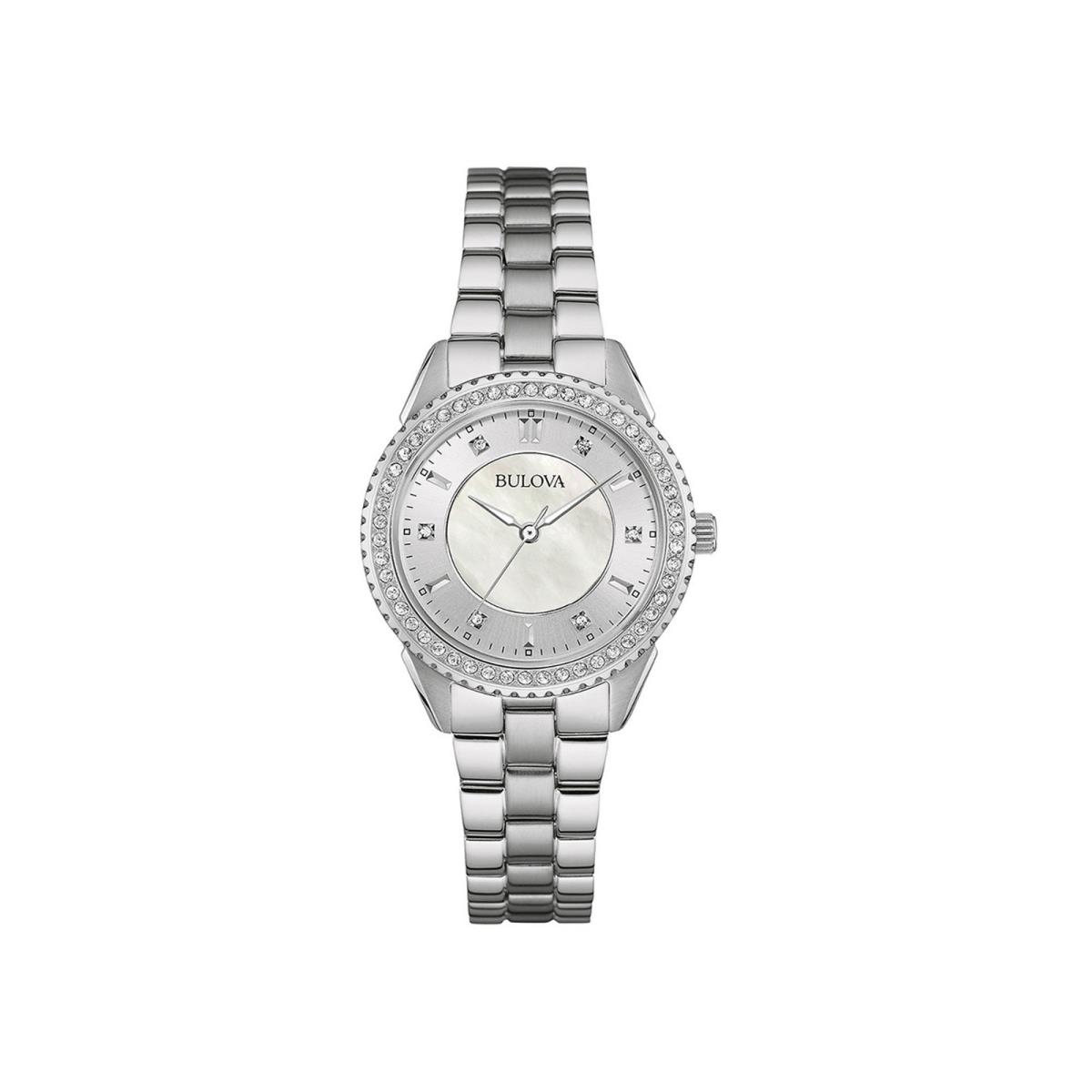 Bulova 96L217 Silver Tone White Mother of Pearl Dial Crystal Accent Womens Watch