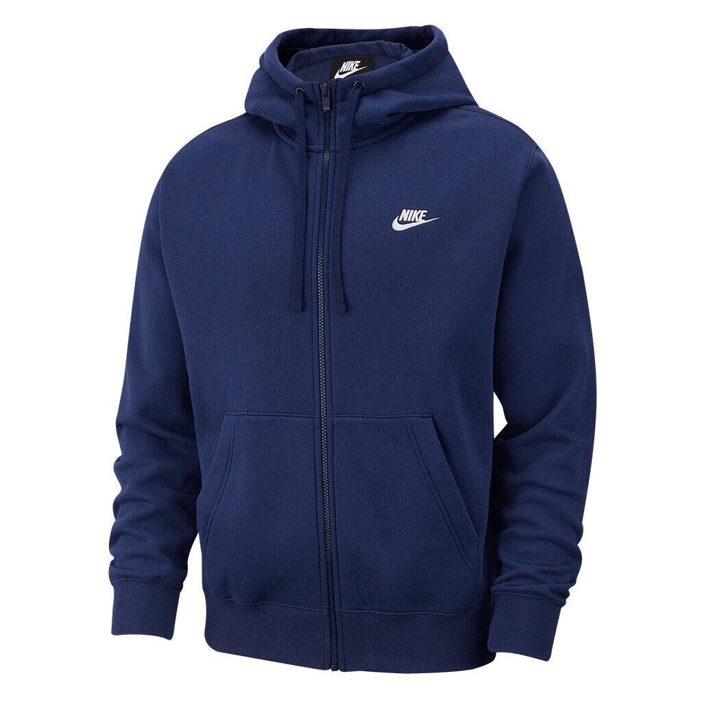 Men`s Nike Sportswear Midnight Navy/white Club Fleece Full-zip Hoodie - Midnight Navy/White