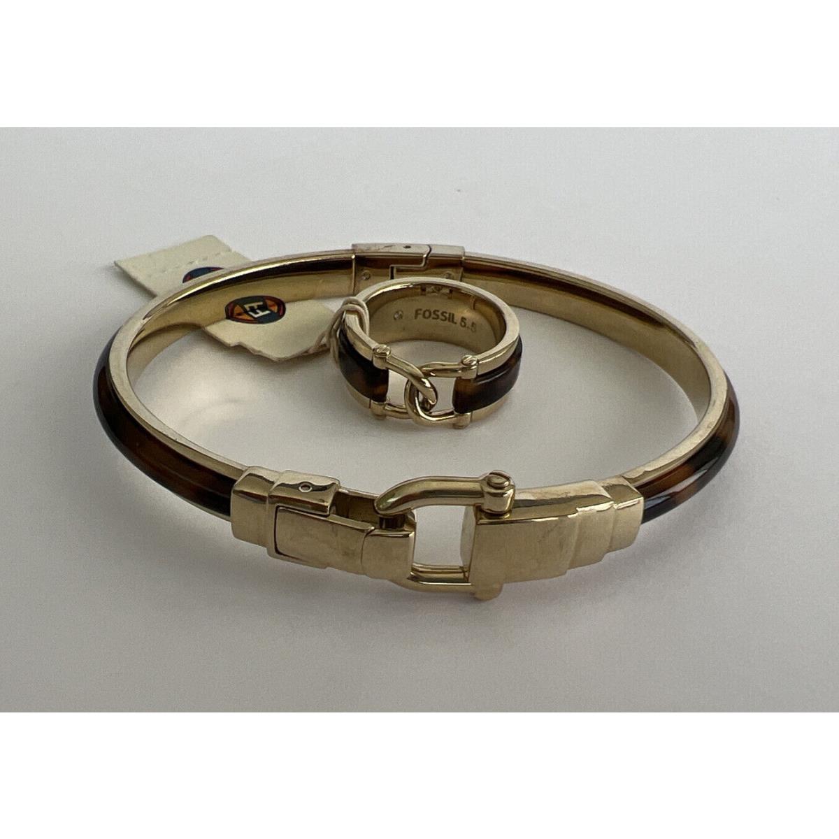 Fossil Brand Gold-plated Tortoiseshell Bangle Bracelet Ring Set Y