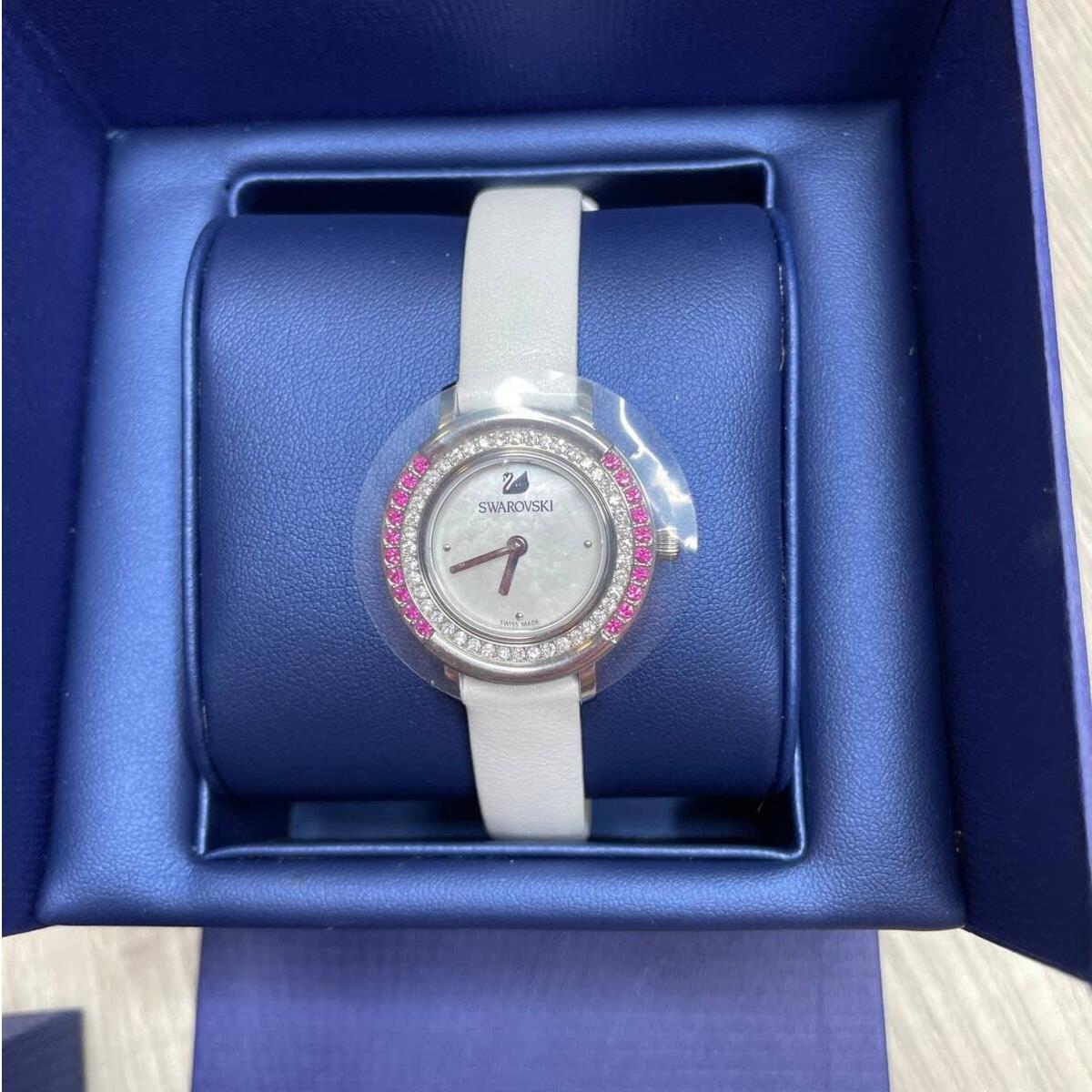 Swarovski Playful Mini Watch Double Crystal Tone Twisting Bezel White Strap 28mm