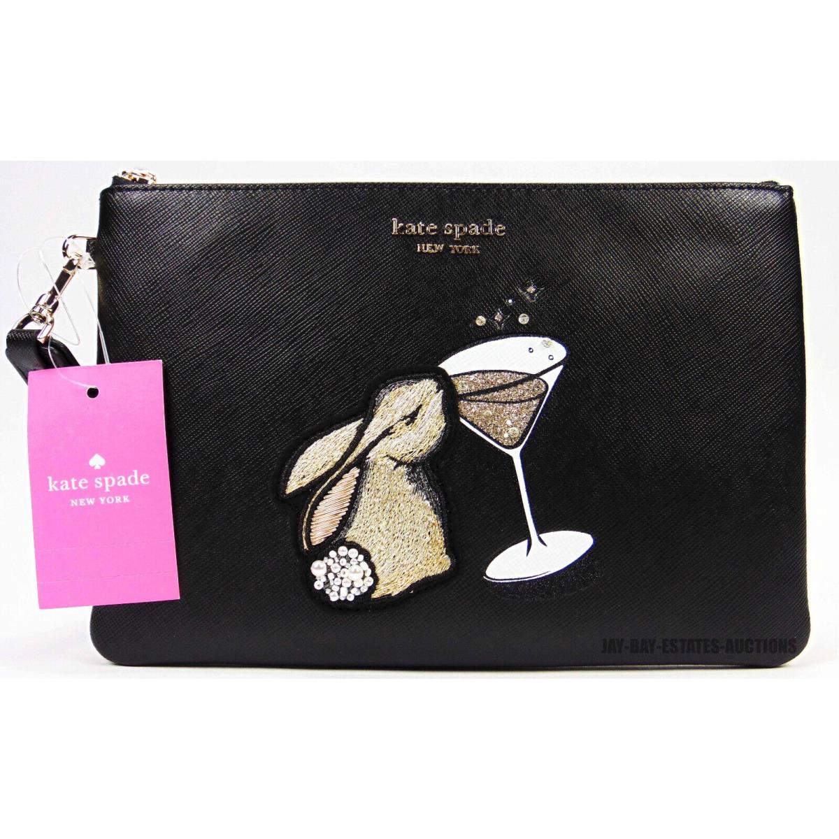 New Kate Spade New York Bunbun Bunny Pouch Wristlet Black Leather Rabbit K5652