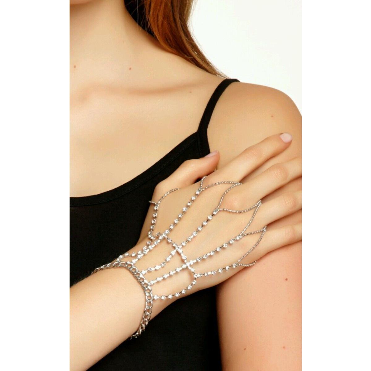 Bansri Swarovski Crystal Chain Embellished Hand Bracelet Rhodium Sliver