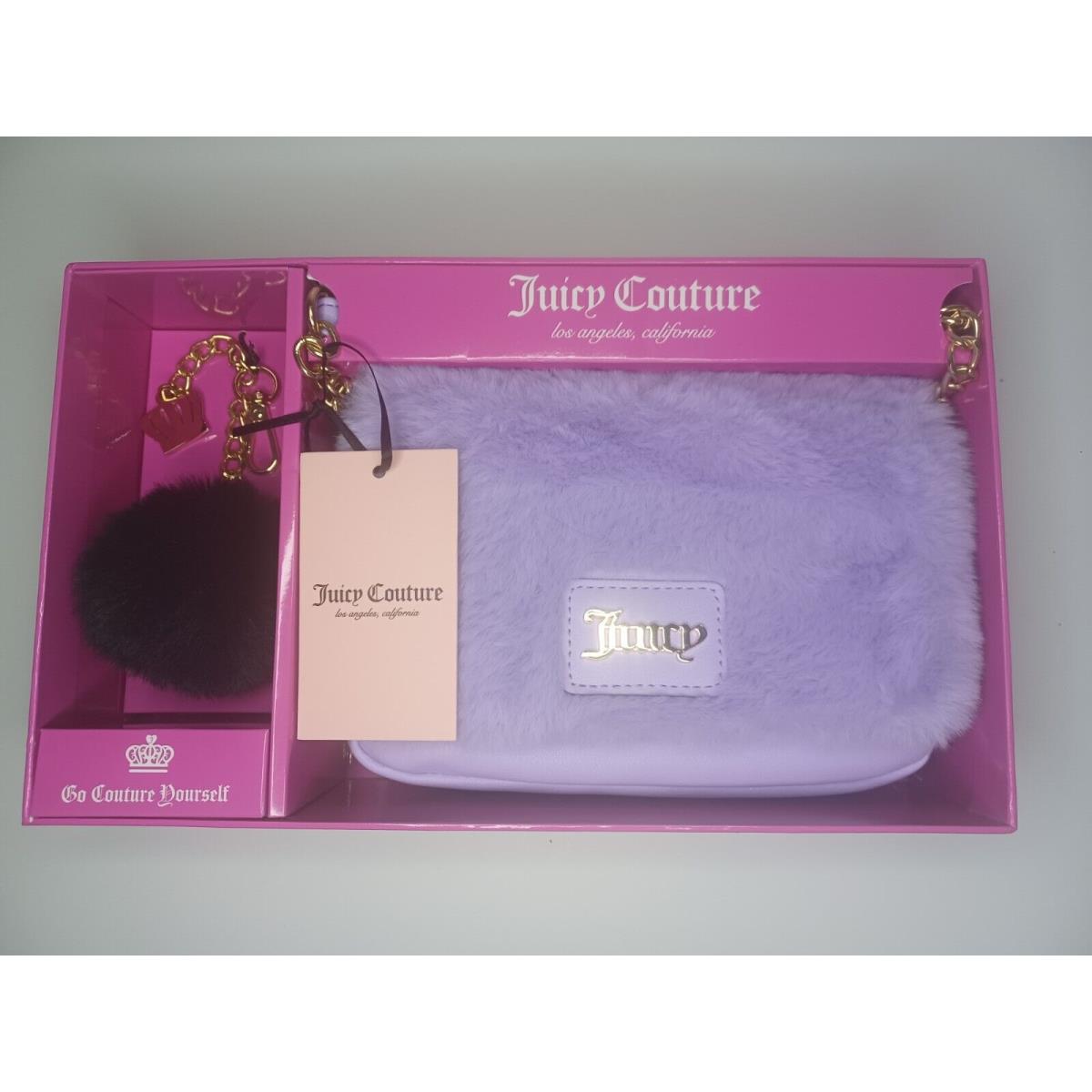 Juicy Couture Fuzzy Lavender Crossbody Purse and Black Key Chain Giftset