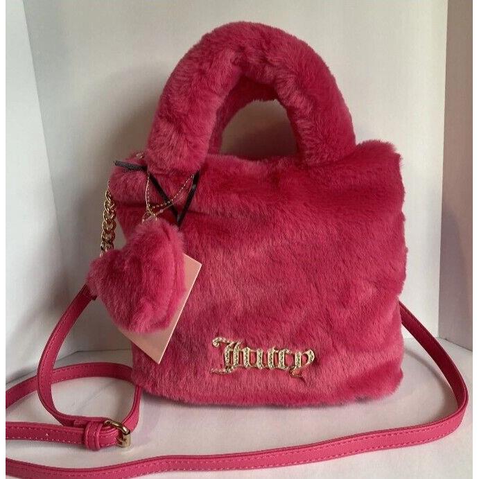 Juicy Couture Pink Fur Fluffy Purse Handbag Satchel Bag W/ Heart Keycha