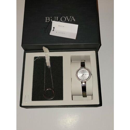 Bulova Stainless Steel Ladies Watch Crystal Halo Pendant Set 96X154