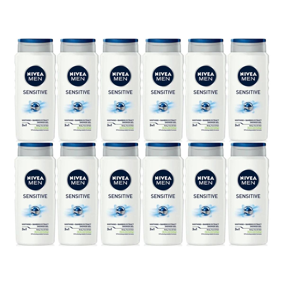 Nivea Men Sensitive 3-in-1 Shower Gel Bamboo Extract 8.45oz 250ml Pack of 12