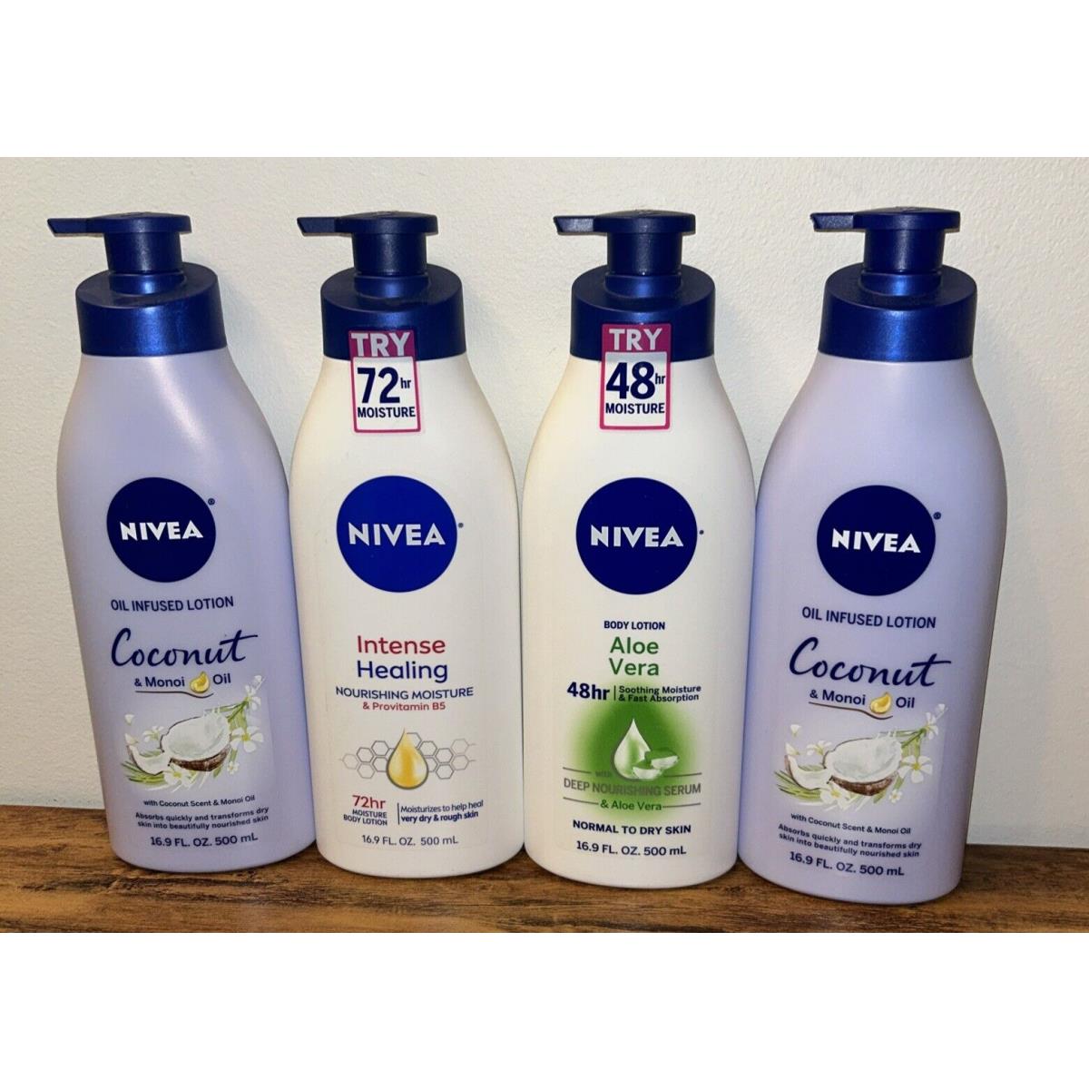 4 Bottles Nivea Lotion Variety - Intense Healing Aloe Vera and Coconut 16.9oz