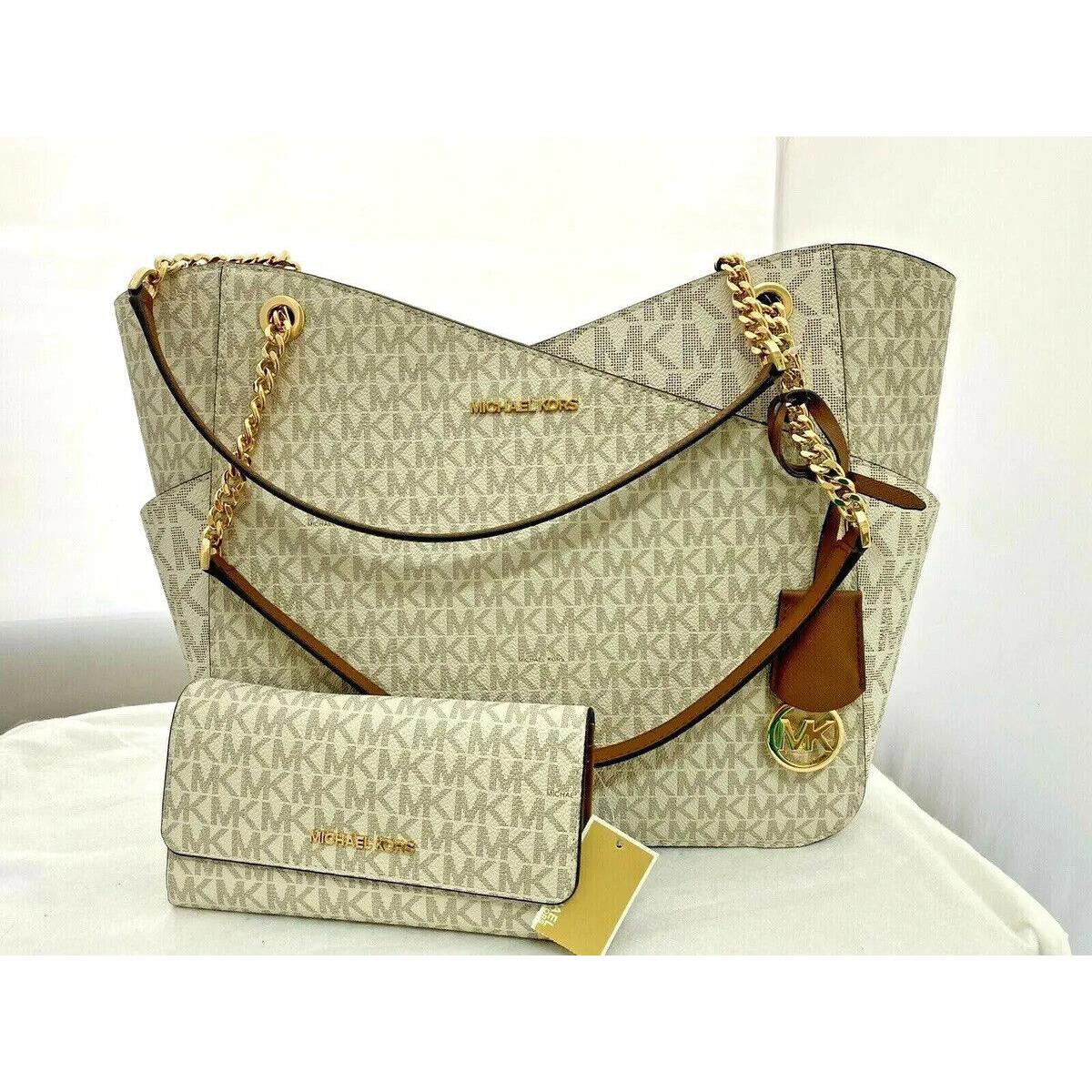 Michael Kors MK Vanilla Signature Jet Set Large Bag Shoulder Tote Wallet Set