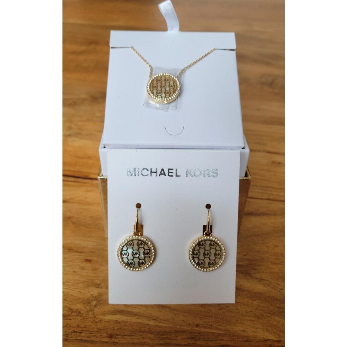 Mk Michael Kors Monogram Necklace Earrings Set Gold Tone 1057