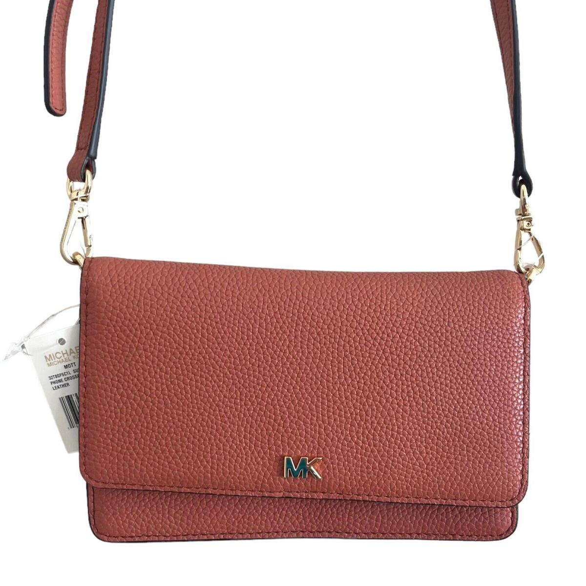 Michael Kors Mott Leather Crossbody Bag Sunset Peach Pink Phone Wallet Preppy