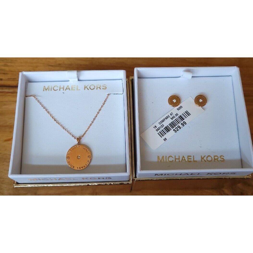 Mk Michael Kors Monogram Necklace Earrings Set Rose Gold Tone 1149