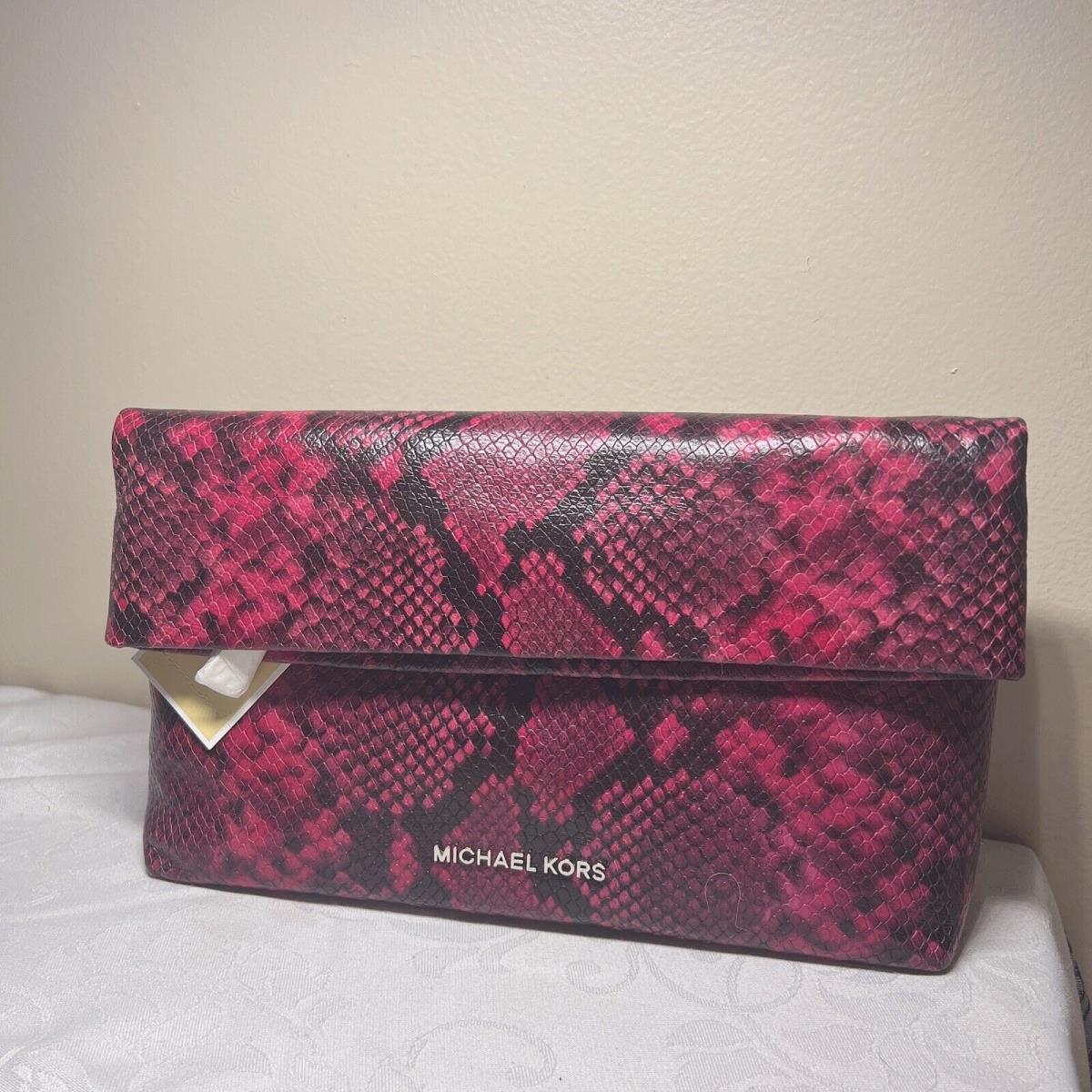 Michael Kors Daria Fold Over Embossed Leather Clutch/crossbody Fuschia