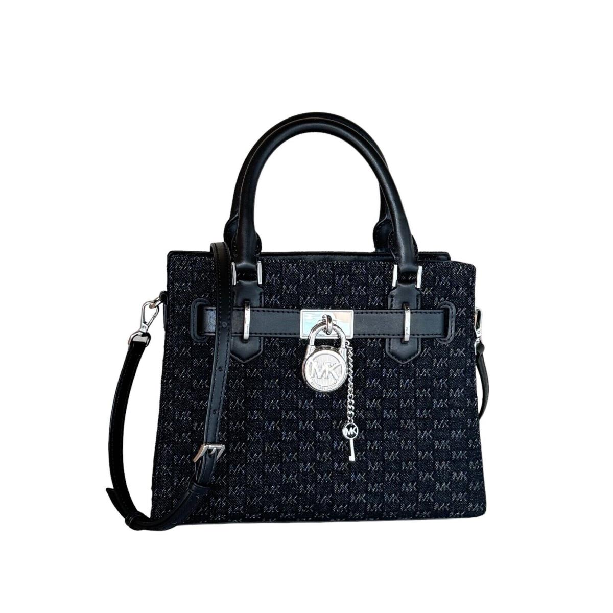 Michael Kors Hamilton Small Satchel Shoulder Bag Exotic MK Black Denim