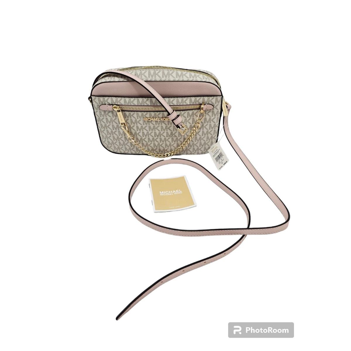 Michael Kors Pink Vanilla Blush Logo Jet Set Crossbody Purse Gold Chain Zip