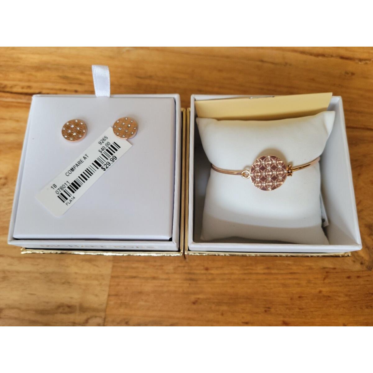 Mk Michael Kors Monogram Earrings Bracelet Set Rose Gold Tone 1058