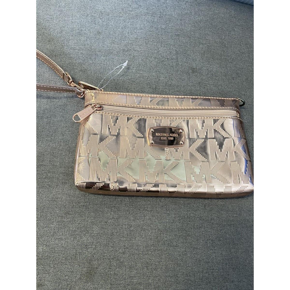 Michael Kors Rosegold MK Logo Jet Set Large Patent Pvc Zipper Clutch Wristlet