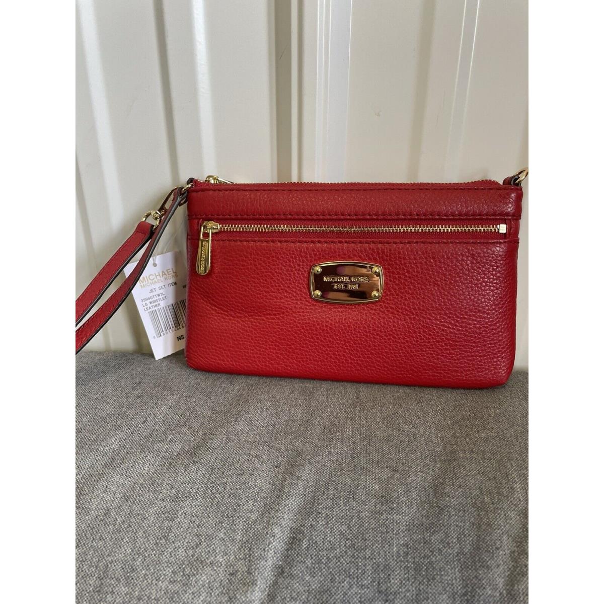 Michael Kors Red Jet Set Large Pebbled Leather Zipper Clutch Wristlet