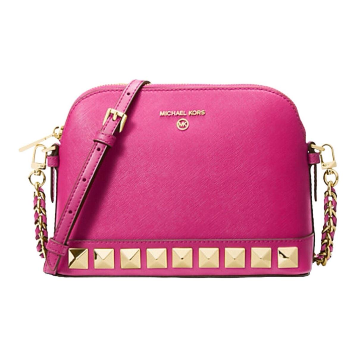 Michael Kors Jet Set Charm Studded Lg Dome Leather Crossbody Bag Pink Berry