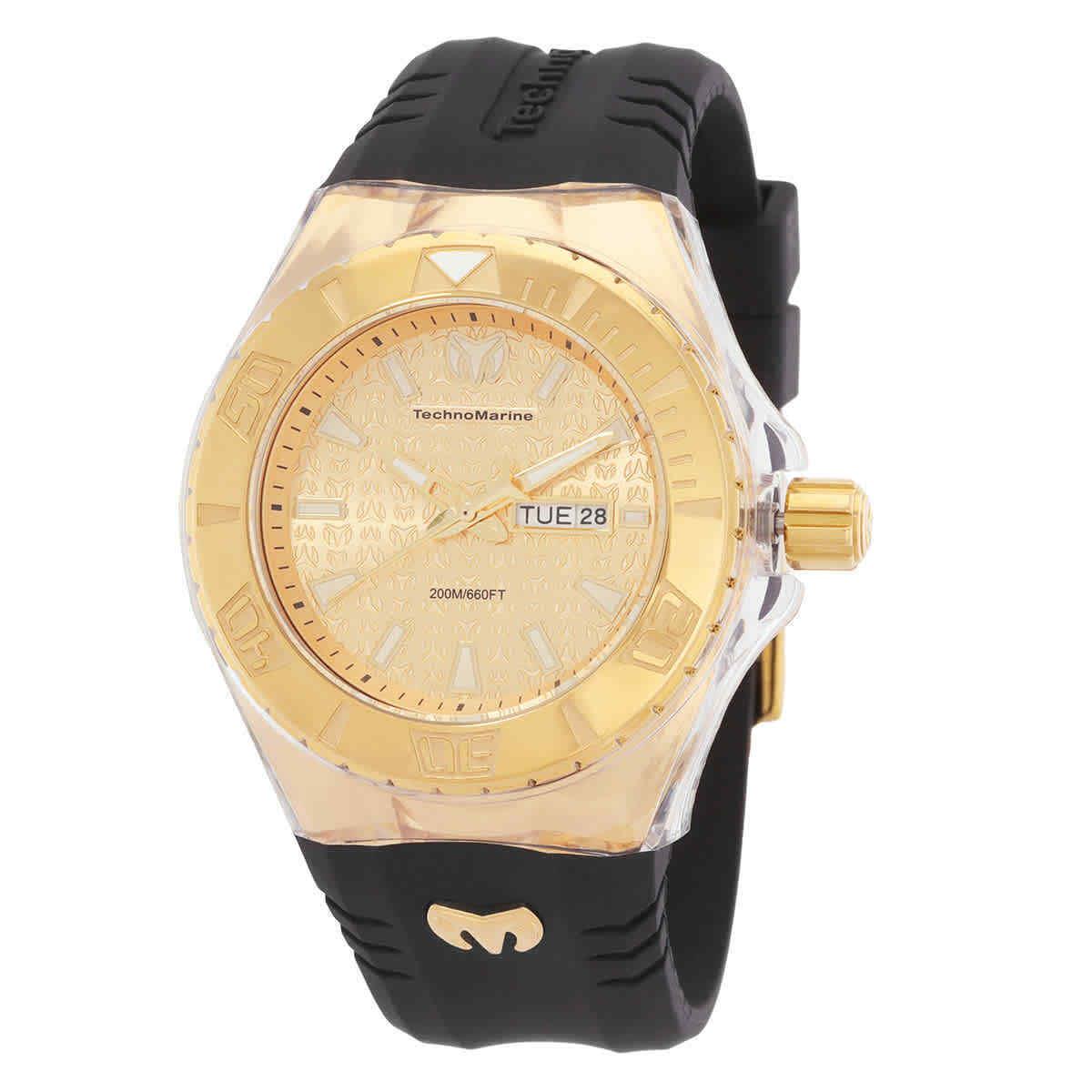 Technomarine Cruise Monogram Quartz Gold Dial Men`s Watch TM-122012 - Dial: Gold-tone, Band: Black, Bezel: Gold-tone