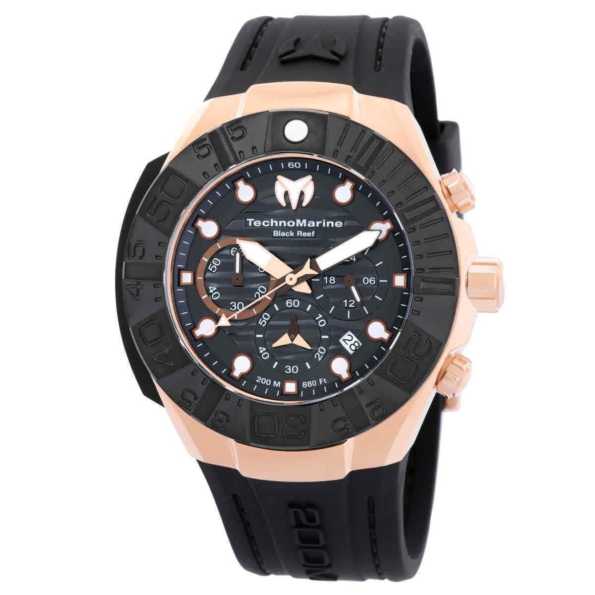 Technomarine Reef Black Chronograph Gmt Quartz Black Dial Men`s Watch TM-523011 - Dial: Black, Band: Black, Bezel: Two-tone (Black and Rose Gold)