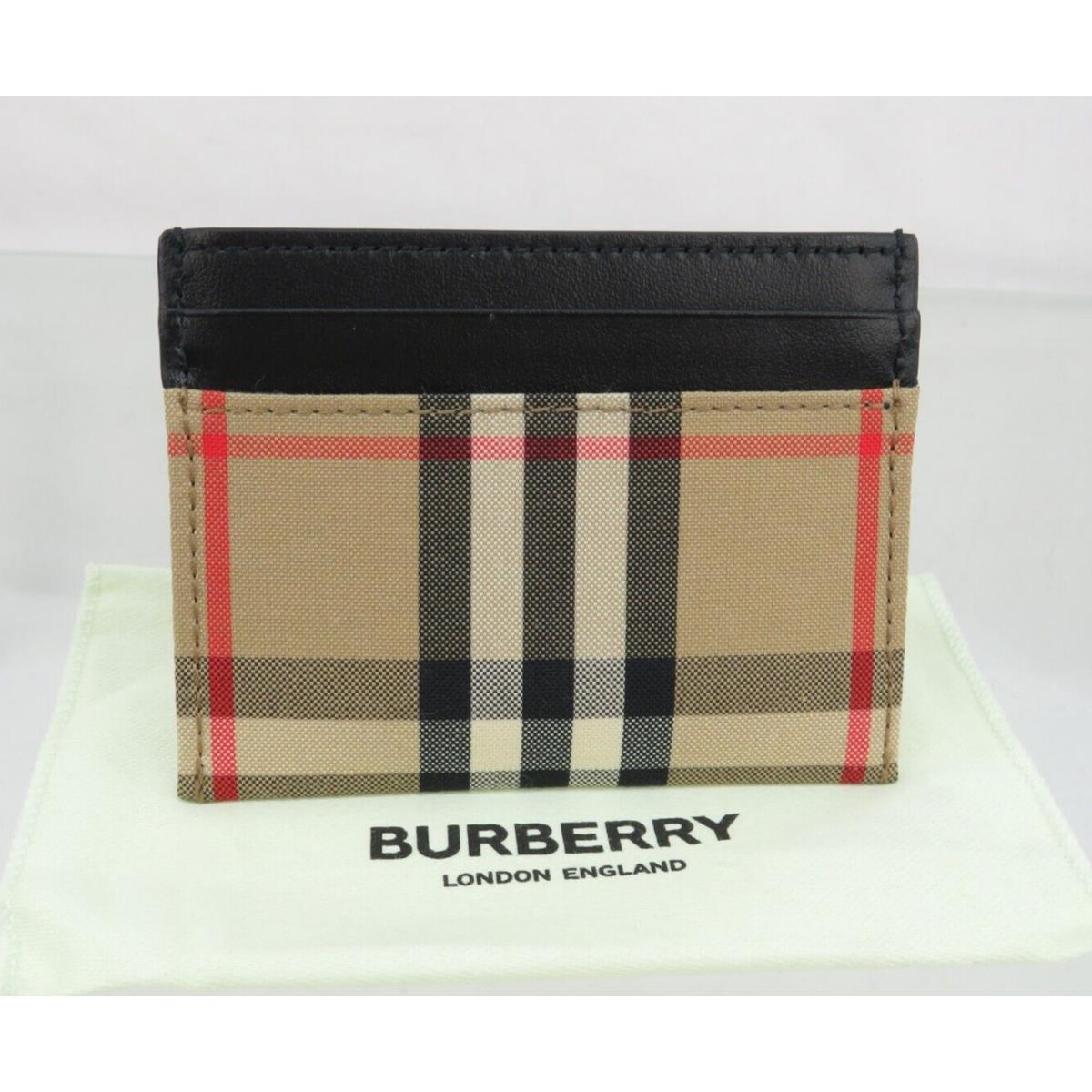 Burberry Sandon Beige Check Canvas Black Leather Logo Card Holder Case Wallet