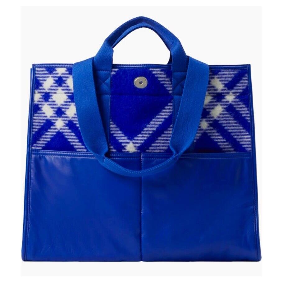 Burberry Knight Blue Check Wool Leather Tote Bag